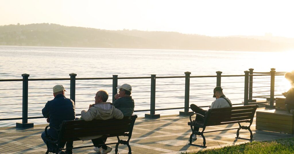 pexels-photo-32162428-32162428 Elderly people enjoying a peaceful sunset by the waterfront with a view of distant hills.