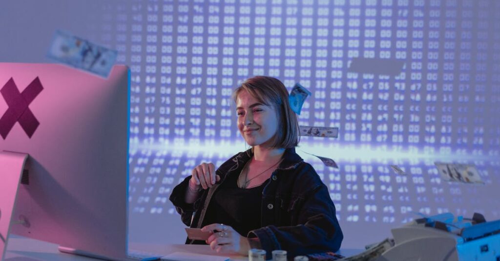 Smiling woman surrounded by digital and physical currency in a tech office setting.