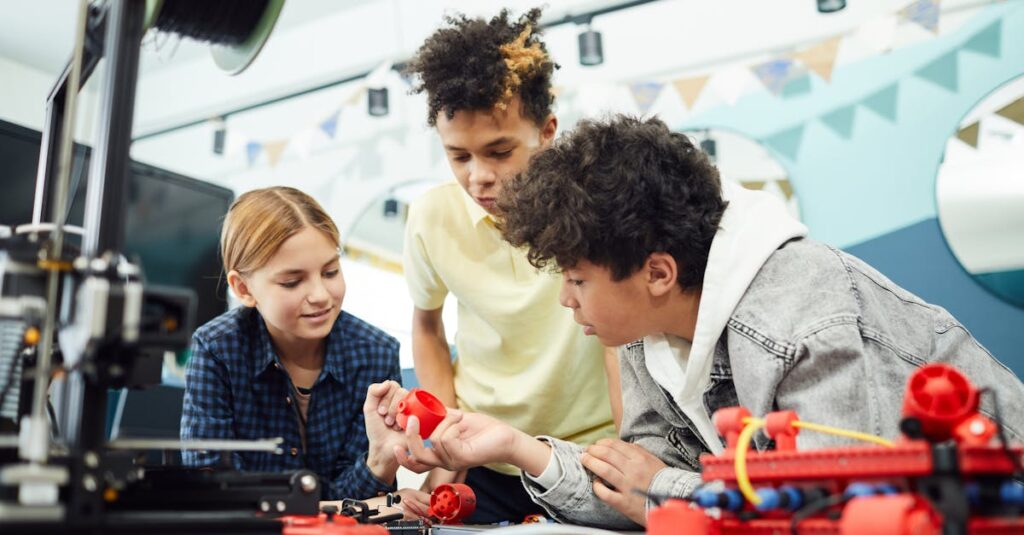 Young students collaborating in a STEM workshop, exploring and learning with innovative tools and devices.